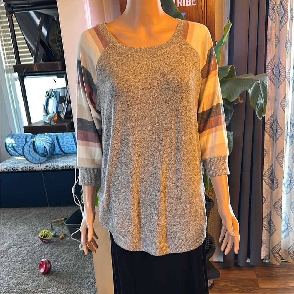Striped Sleeve Gray Sweater